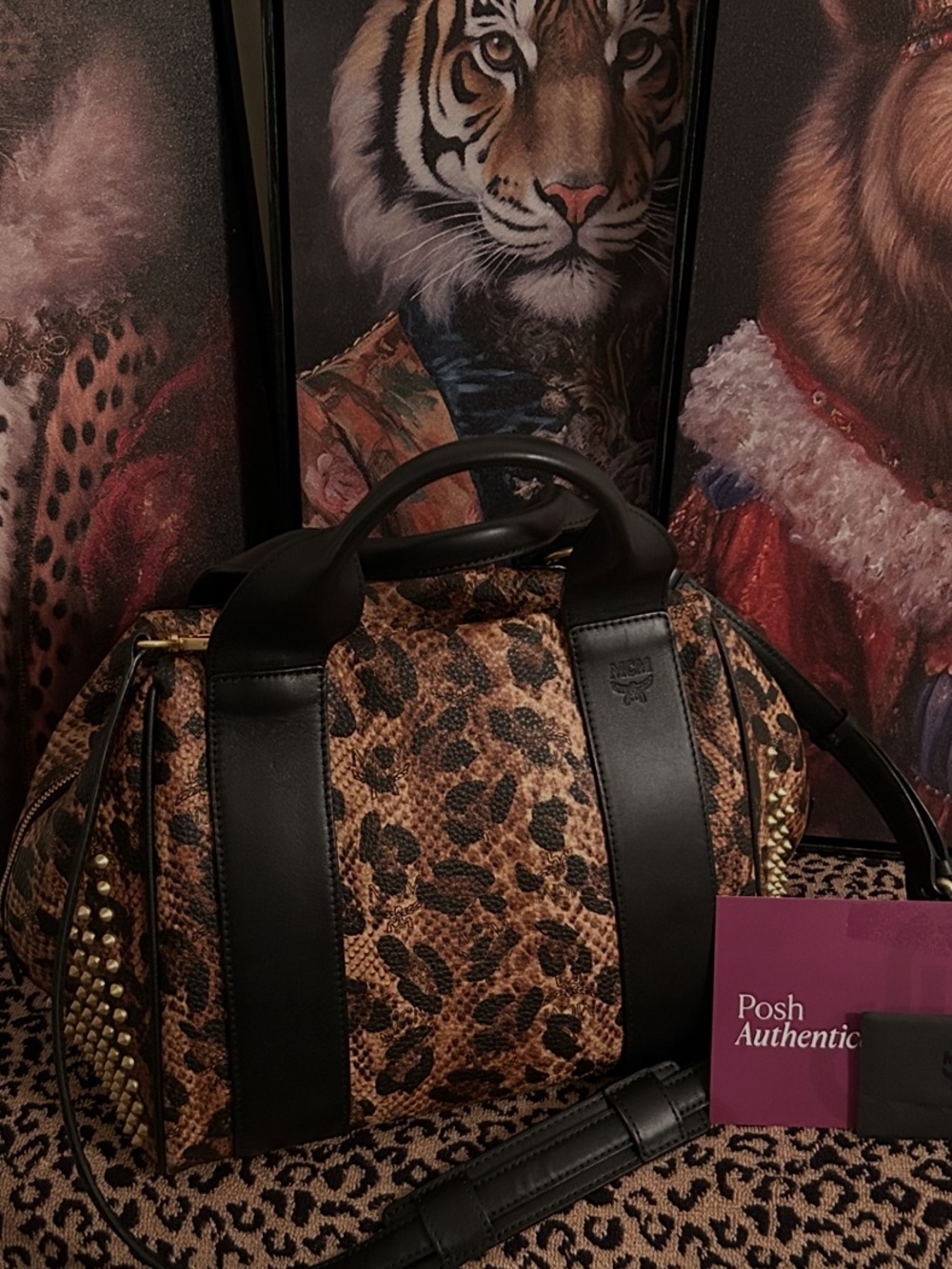 MCM Authentic Leopard Print Studded Clean Keana Crossbody Boston Bag - Picture 3 of 10